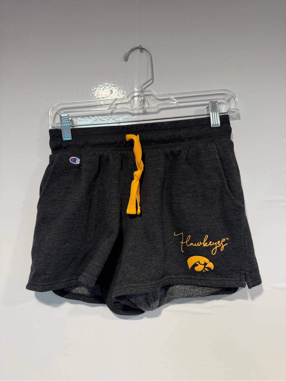 Champion Women's Iowa Hawkeyes Charcoal Knit Shorts with Gold Drawstring